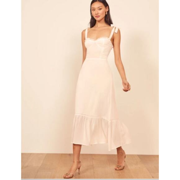 Reformation Adler Ivory Midi Dress Size 0 Tie Strap Smocked Back Ruffle Hem Bust - Picture 2 of 14